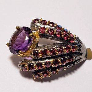 925 RHODOLITE GARNET and AMETHYST Sterling Silver Asymmetrical Ring sz 7.5
